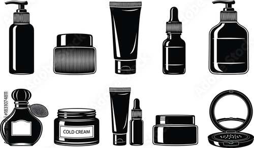 Black and White Cosmetic Products Packaging Set: Cream Jar, Pump Bottle, Serum Dropper, Tube, Perfume Flacon, and Compact Powder Flat Vector Illustration