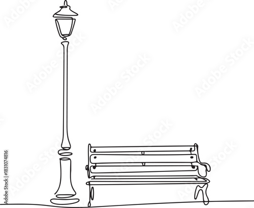 Continuous Line Art Illustration of Lamp Post Beside Bench
