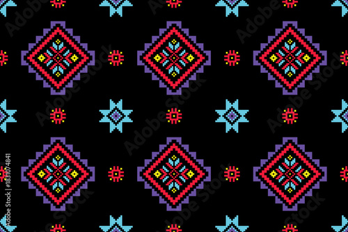 Cross stitch pattern concept showcasing traditional ethnic geometric pattern, Design for textile, background,carpet,wallpaper,clothing,wrapping,Batik,fabric,Vector illustration	
