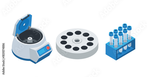Centrifuge with rotor and test tubes in laboratory equipment set