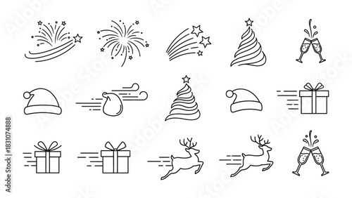 Holiday Cheer Icon Set: An array of delightful line art illustrations embodies the spirit of a festive holiday, perfect for seasonal designs.