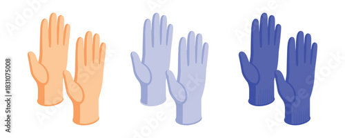 Stylish vector illustrations of gloves in orange, lavender, and purple