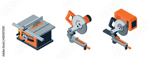 Set of three electric power saw tools: table, miter, circular