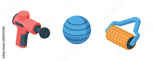 Collection of fitness tools: massage gun, exercise ball, foam roller