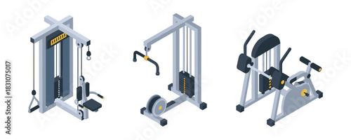 Isometric gym equipment set: pulldown machine, lat pulldown, abdominal crunch