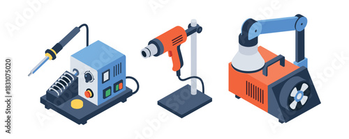 Isometric soldering station, electric drill, and desk lamp in workshop
