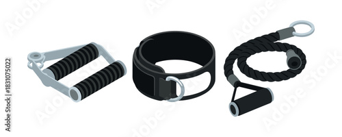 Gym resistance exercise equipment set: handles, ankle strap, rope attachment