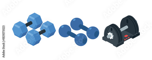 Set of three dumbbells: hexagonal, rounded, adjustable weights in blue and black