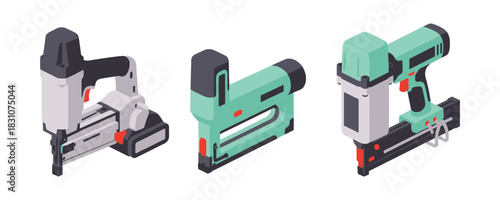 Isometric illustrations of three different nail guns on a white background