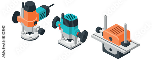 Isometric views of electric wood routers on white background