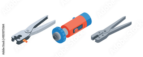 Set of electrical crimping tools and wire stripper isolated on white background