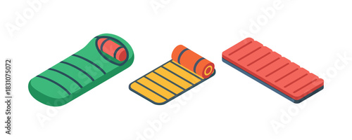 Colorful sleeping bags and mats in vector art style