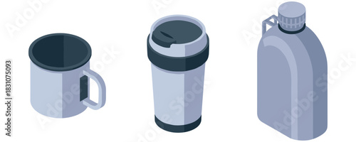 Variety of travel drinkware: mug, thermos, and bottle