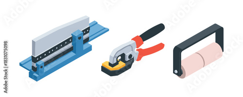 Isometric metalworking tools set: press brake, handheld shears, and paint roller