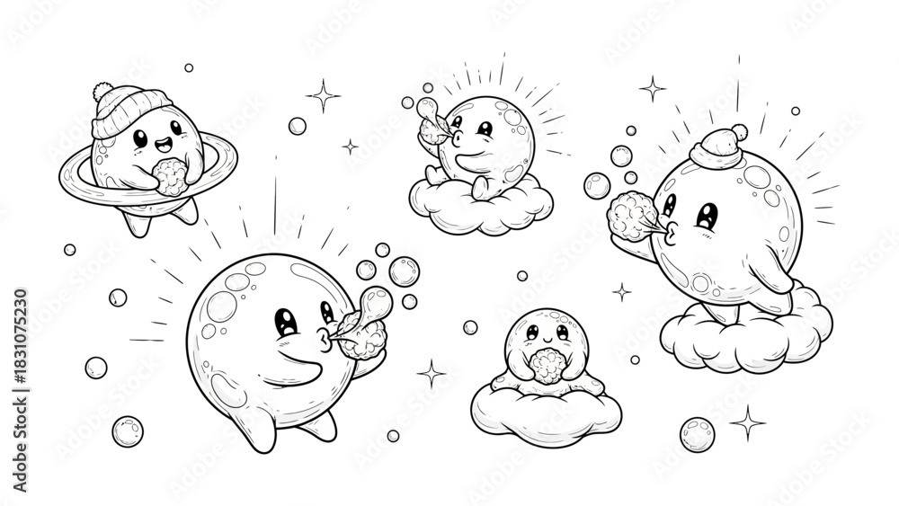 Fototapeta premium Celestial Charms: Whimsical illustrations of adorable celestial bodies and planets, each exuding a unique personality and charm, floating amidst a constellation of stars and bubbles. 