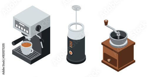 Isometric coffee maker, milk frother, and manual grinder illustration
