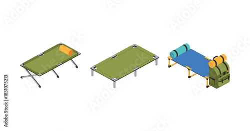 Isometric camping equipment: folding cot and portable bed with backpack