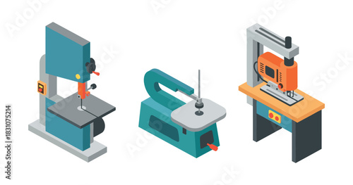 Isometric models of band saw, jigsaw, and router machines in workshop setting