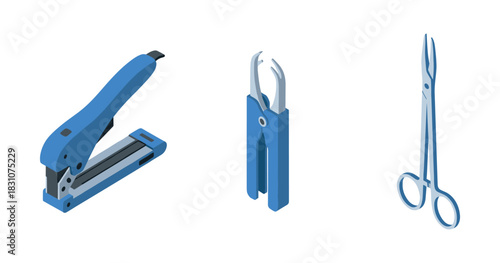 Blue office stapler, nail clippers, and scissors on white background