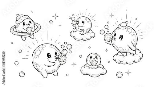 Celestial Charms: Whimsical illustrations of adorable celestial bodies and planets, each exuding a unique personality and charm, floating amidst a constellation of stars and bubbles. 
