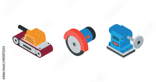 Isometric illustrations of belt sander, circular saw, and orbital sander tools