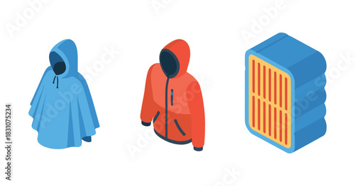 Isometric blue poncho and red jacket with filter illustration