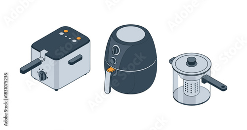 Kitchen appliances: fryer, air fryer, and french press in modern design