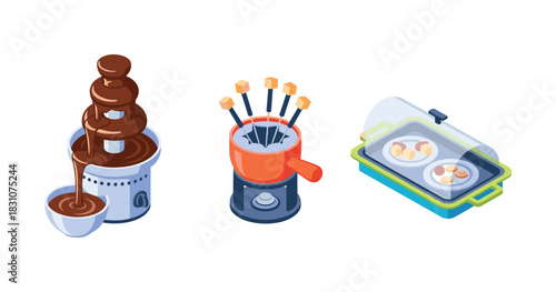 Chocolate fountain, fondue pot, and food tray isometric icons
