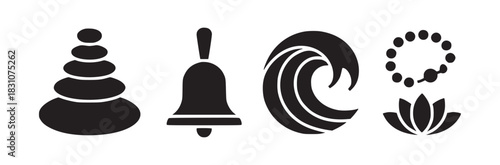 A collection of zen icons featuring a stone stack bell wave and lotus with prayer beads in black and white