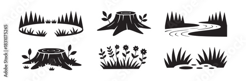 A collection of black and white nature icons featuring trees, plants, and a winding river scene