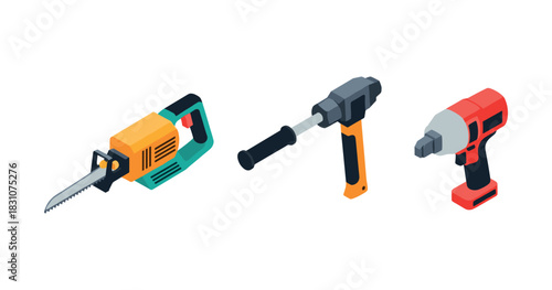 Collection of isometric power tools including chainsaw drill and hammer