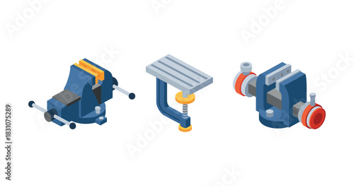 Isometric workbench tools: blue metal clamps and vise collection