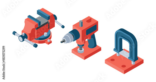 Red and blue isometric tools: drill, clamp, vice on white background