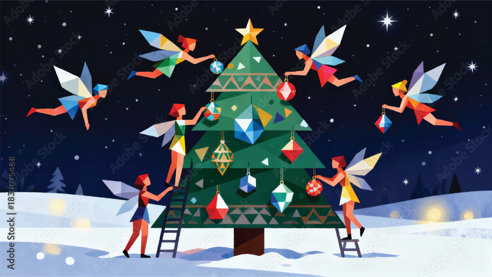 Obraz premium Illustration Of A Group Of Flying Fairies Working Together To Decorate A Christmas Tree At Night Vector Design Template