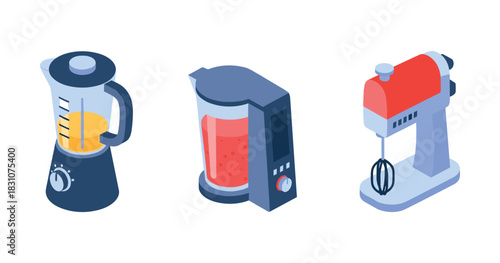 Isometric kitchen appliances: blender, juicer, and mixer with modern design
