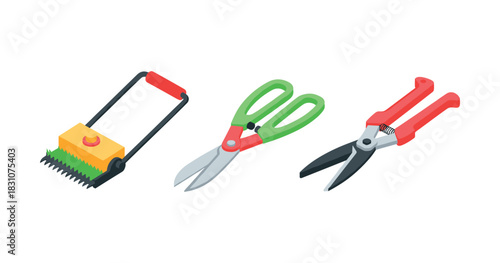 Garden tools set: aerator, pruning shears, hedge clippers