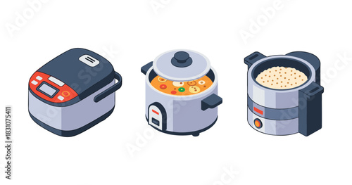 Isometric rice cooker collection with various designs on white background