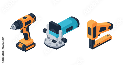 Set of electric tools: drill, router, staple gun on white background