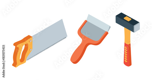 Set of hand tools: saw, putty knife, hammer for construction and diy projects