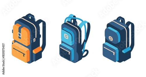 Isometric illustration of colorful backpacks on white background