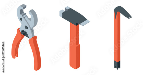 Isometric tools: red-handled locking pliers, hammer, crowbar on white background