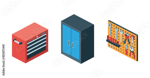 Garage storage solutions: tool chest, cabinet, and pegboard with tools