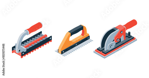 Set of three isometric tile tools with handles and blades