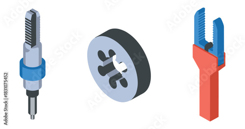 Isometric tapping tools set: tap wrench, round die, die stock for threading