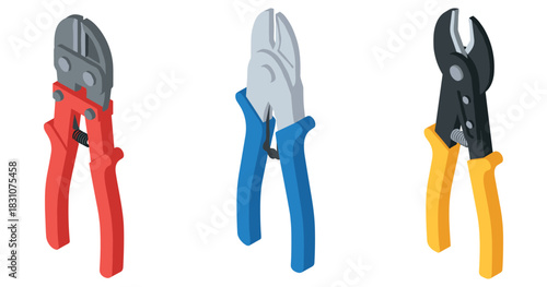 Set of three colorful hand tools with red, blue, yellow handles