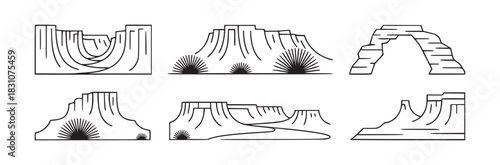 A collection of six desert landscape illustrations in a minimalist line art style on a white background