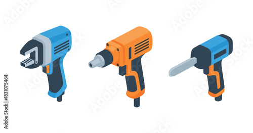 Set of three isometric electric power tools isolated on white background