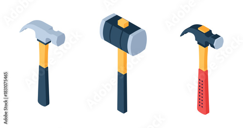Set of three isometric hammers: claw, sledge, and ball peen tools