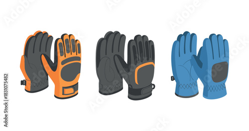 Set of protective gloves in orange, black, and blue variants for safety and comfort