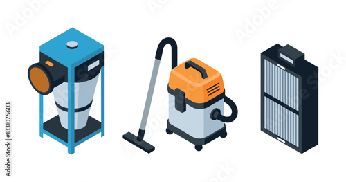 Illustration of vacuum cleaner, dust collector, and air filter in isometric view